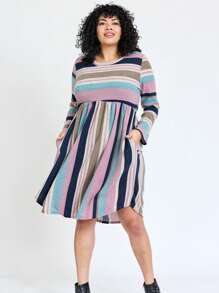 Boho Retro Vintage Mint Olive Coral Purple Pink  Navy Mint Multi Stripe  Knit Swing Dress | Small -3XL Plus - Hồng - Xem 8