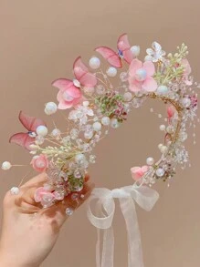1 pieza Cinta de cabeza linda con estilo de princesa de hadas para niña, diadema de corona de mariposa y flor de red de estilo fresco y campestre, perfecta para dama de honor/boda/actuación en el escenario/viaje/vacaciones en la playa, etc. como decoración del cabello, también es un buen regalo