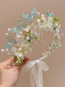 1 pieza Cinta de cabeza linda con estilo de princesa de hadas para niña, diadema de corona de mariposa y flor de red de estilo fresco y campestre, perfecta para dama de honor/boda/actuación en el escenario/viaje/vacaciones en la playa, etc. como decoración del cabello, también es un buen regalo