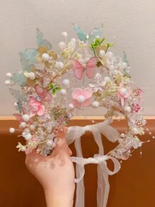 1 pieza Cinta de cabeza linda con estilo de princesa de hadas para niña, diadema de corona de mariposa y flor de red de estilo fresco y campestre, perfecta para dama de honor/boda/actuación en el escenario/viaje/vacaciones en la playa, etc. como decoración del cabello, también es un buen regalo