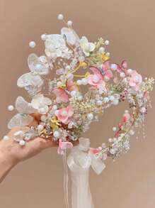 1 pieza Cinta de cabeza linda con estilo de princesa de hadas para niña, diadema de corona de mariposa y flor de red de estilo fresco y campestre, perfecta para dama de honor/boda/actuación en el escenario/viaje/vacaciones en la playa, etc. como decoración del cabello, también es un buen regalo