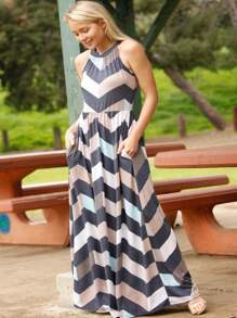 Halter Sleeveless Ditsy Floral Vacation Cruise Multi Chevron Stripe Yellow, Navy And Mint Sleeveless Maxi Dress With Pocket | S-3X - 薄荷藍 - 查看 1