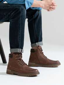 SHOESMALL Men's Fashion Pu Leather Boots Casual Boot Hiking Zipper Chukka Boots - AMY8118A-棕色 - 查看 4