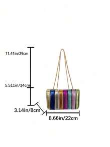 Metallic Litchi Patterned Simple Rainbow Splicing Small Square Bag, Fashionable Personalized Versatile Chain Shoulder & Crossbody Bag For Women, Funky, Punk & Bag For Street Wear, Rainbow Bag - Multicolor - View 7