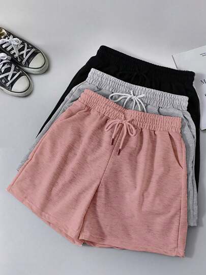 3条装纯色休闲抽绳腰短裤，女士运动跑步健身短裤夏季款