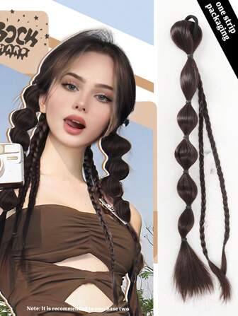 合成纖維長直髮自然氣泡辮馬尾假髮，配橡皮筋自然時尚