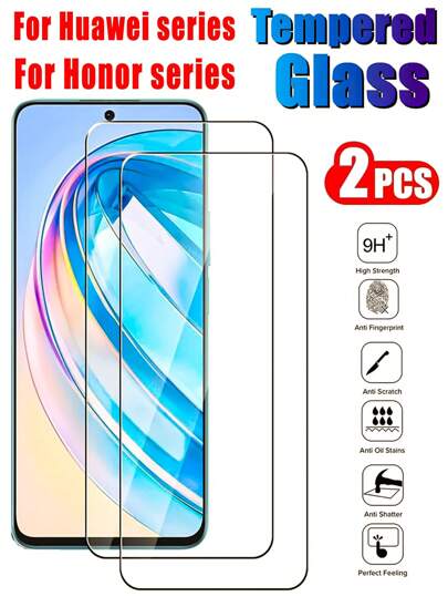 2PCS HD Tempered Glass Compatible With Huawei/Honor Full Cover Screen Protector Protective Glass High Definition Glossy Surface, Explosion-Proof, Automatic Adsorption, High Hardness, Round Edge Dustproof Design Shell Friendly