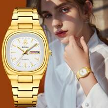 YaLaLuSi 1pc Classic Quartz Ladies Watch In Gold Color, Fashion & Professional, Water Resistant With Weekday Calendar Function, Comes With A Disassembly Tool