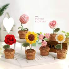 1 pieza de Flor artificial de ganchillo hecha a mano con maceta, decoración de flor de hilo sintético adecuada como regalo para el Día de la Madre, aniversario, cumpleaños, Día de San Valentín o como decoración de escritorio en casa u oficina para mamá, amigas o novia, Día de San Valentín, regalo