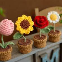 1 pieza de Flor artificial de ganchillo hecha a mano con maceta, decoración de flor de hilo sintético adecuada como regalo para el Día de la Madre, aniversario, cumpleaños, Día de San Valentín o como decoración de escritorio en casa u oficina para mamá, amigas o novia, Día de San Valentín, regalo