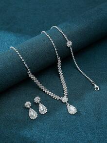 Set de 4 piezas con estilo europeo y americano que incluye collar, pulsera, aretes, cadena de garra y conjunto de diamantes de imitación en forma de gota de agua, adecuado para bodas, fiestas, cenas y reuniones - Plateado - Ver 4
