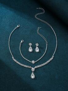 Set de 4 piezas con estilo europeo y americano que incluye collar, pulsera, aretes, cadena de garra y conjunto de diamantes de imitación en forma de gota de agua, adecuado para bodas, fiestas, cenas y reuniones - Plateado - Ver 3