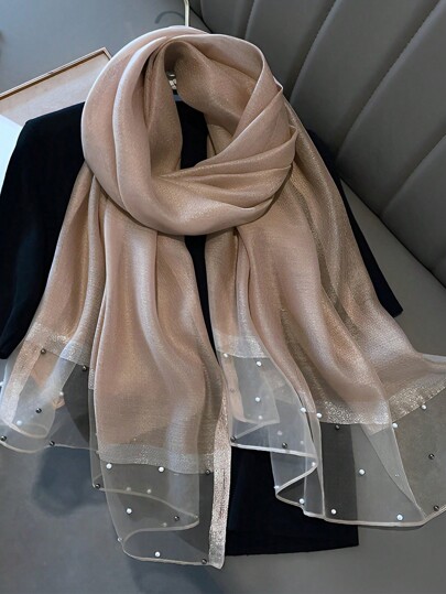 Pañuelo de color camello con perlas de imitación, elegante y brillante chal con bloques de color para mujer, accesorio suave y cálido