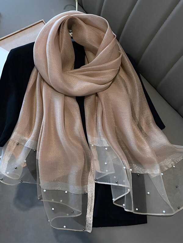 Camel-Colored Faux Pearl Studded  Blend Scarf, Elegant And Shiny Colorful Block Headscarf Shawl For Women, Soft And Warm Accessories Women
