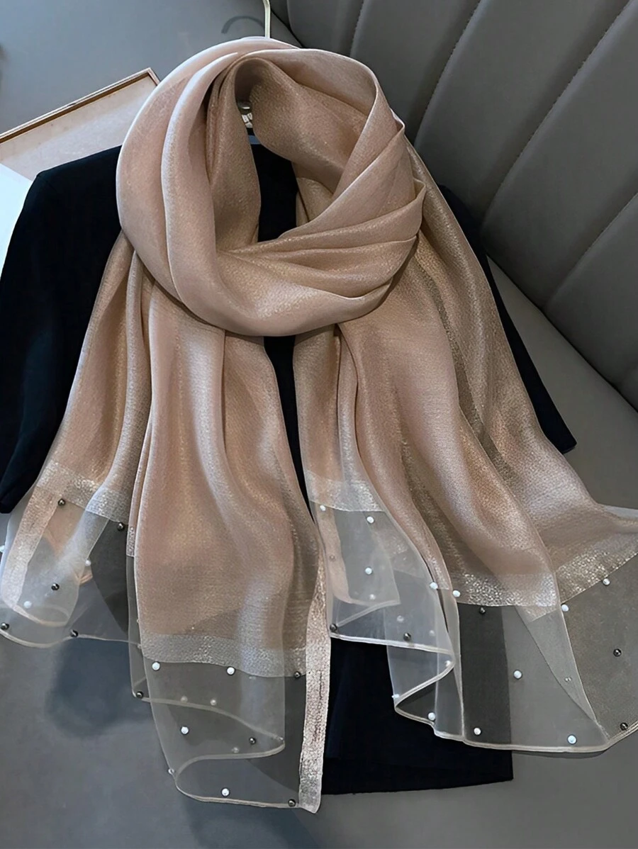 Khăn choàng cổ pha trộn đính ngọc trai giả màu lạc đà, khăn choàng đầu nhiều màu sắc thanh lịch và sáng bóng dành cho phụ nữ, phụ kiện mềm mại và ấm áp dành cho phụ nữ - Lạc đà - Xem 1