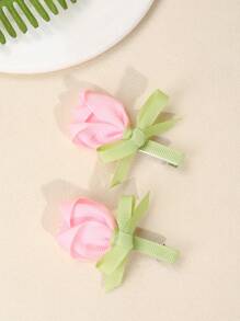 2pcs/Set Girls Pink Rose Bow Hair Clips, Satin Hair Barrettes, Sweet Children Hair Accessories - Multicolor - View 5