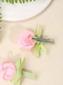 2pcs/Set Girls Pink Rose Bow Hair Clips, Satin Hair Barrettes, Sweet Children Hair Accessories - Multicolor - View 3
