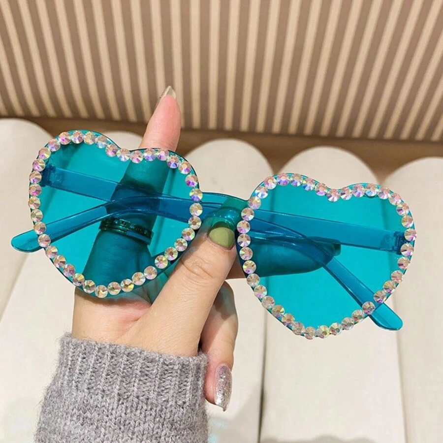 Floral Heart-Shaped Frameless Rhinestone Embedded Jelly Color Heart-Shaped Fashion Glasses, Princess Styledy - Multicolor - View 1