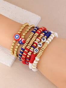 GuoShuang 7 pièces/set Bracelet élastique avec lettre de l'alphabet perlé thème Jour de l'Indépendance avec décoration d'étoile et de drapeau, style européen et américain