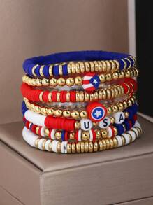 GuoShuang 7 pièces/set Bracelet élastique avec lettre de l'alphabet perlé thème Jour de l'Indépendance avec décoration d'étoile et de drapeau, style européen et américain