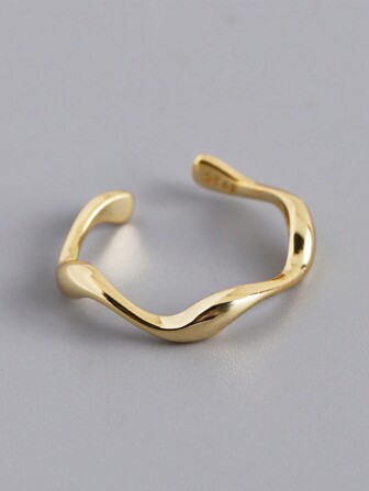 HuooNew 1 件个性化 925 纯银不对称波浪形光滑开口戒指，可调节，送给她的礼物