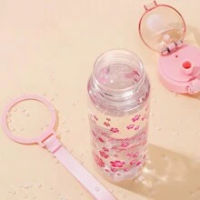 1pc 500ml pink flower pattern water bottle, simple and transparent plastic water cup - Pink - View 6
