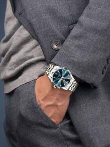 VA VA VOOM Relógio de quartzo masculino, com estilo elegante e luxuoso, com escalas de strass de feng shui, movimento de calendário duplo, com aplicações de aço inoxidável, luz noturna, nas cores azul e dourado, adequado para uso casual, elegante e para negócios, podendo ser utilizado como presente do Dia dos Pais ou para estudantes retornando à escola.