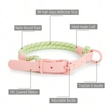 1pc Handmade Adjustable Macaron Colored Reflective Pet Collar And Leash Set, Personalized Round Rope PVC Material Spliced Dog Collar Pet Supplies - Multicolor - View 3