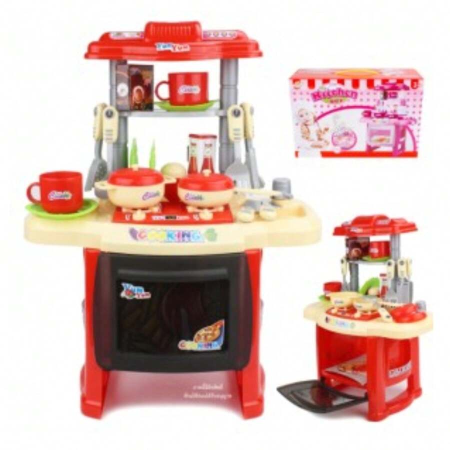 Children's Kitchen For Girls With Light And Sound 24 Pieces Room Decoration - Red - View 1