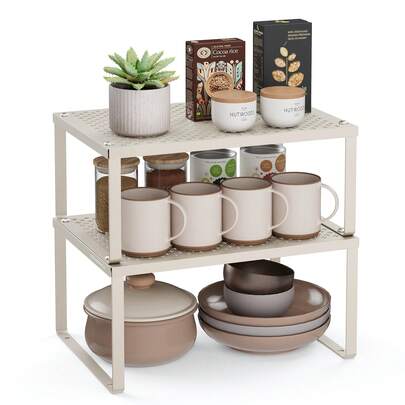 SONGMICS 2 Pack Spice Rack, Cabinet Shelf Organizers, Shelf Organizer, Countertop Organizer, Shelf Riser, Stackable, Expandable, Metal Kitchen Counter Shelves, Silver