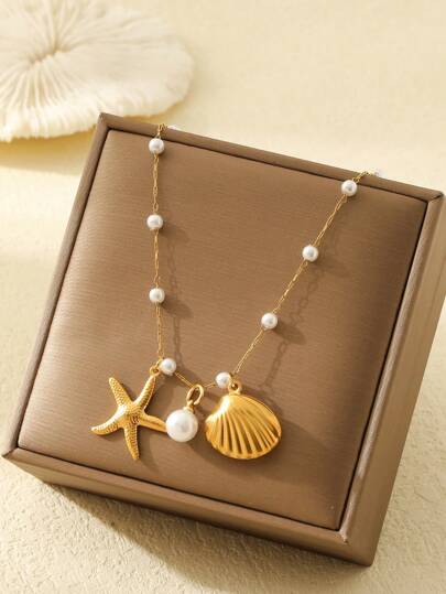 ZIRUISP 1 pieza Collar de colgante de acero inoxidable para mujer de estilo de vacaciones de playa, con decoración de imitación de perlas, estrella de mar y concha