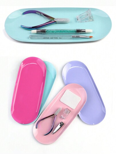 1 pieza Soporte de exhibición de uñas ovalado para bandeja de desinfección de tatuajes y herramientas de uñas, bandeja de paleta, accesorios de uñas, herramientas de almacenamiento de escritorio para el hogar, soporte de exhibición de uñas ovalado para hacer joyas DIY (Bandeja mini en dorado, plateado, negro, rosa, azul, verde plástico)