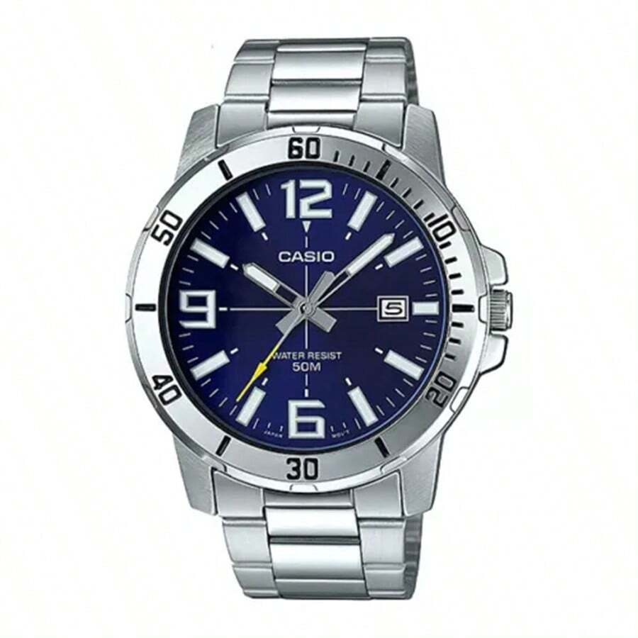 Casio Reloj deportivo analógico casual para hombre Enticer de acero inoxidable con esfera negra MTP-VD01D-2BV - Azul - Ver 1