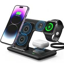三合一可折叠无线充电器支架兼容 Apple iPhone、Apple Watch 和耳机，支持 15W 快速充电 - 黑色 - 查看 1