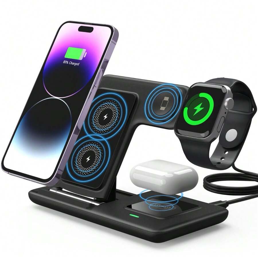 三合一可折叠无线充电器支架兼容 Apple iPhone、Apple Watch 和耳机，支持 15W 快速充电 - 黑色 - 查看 1