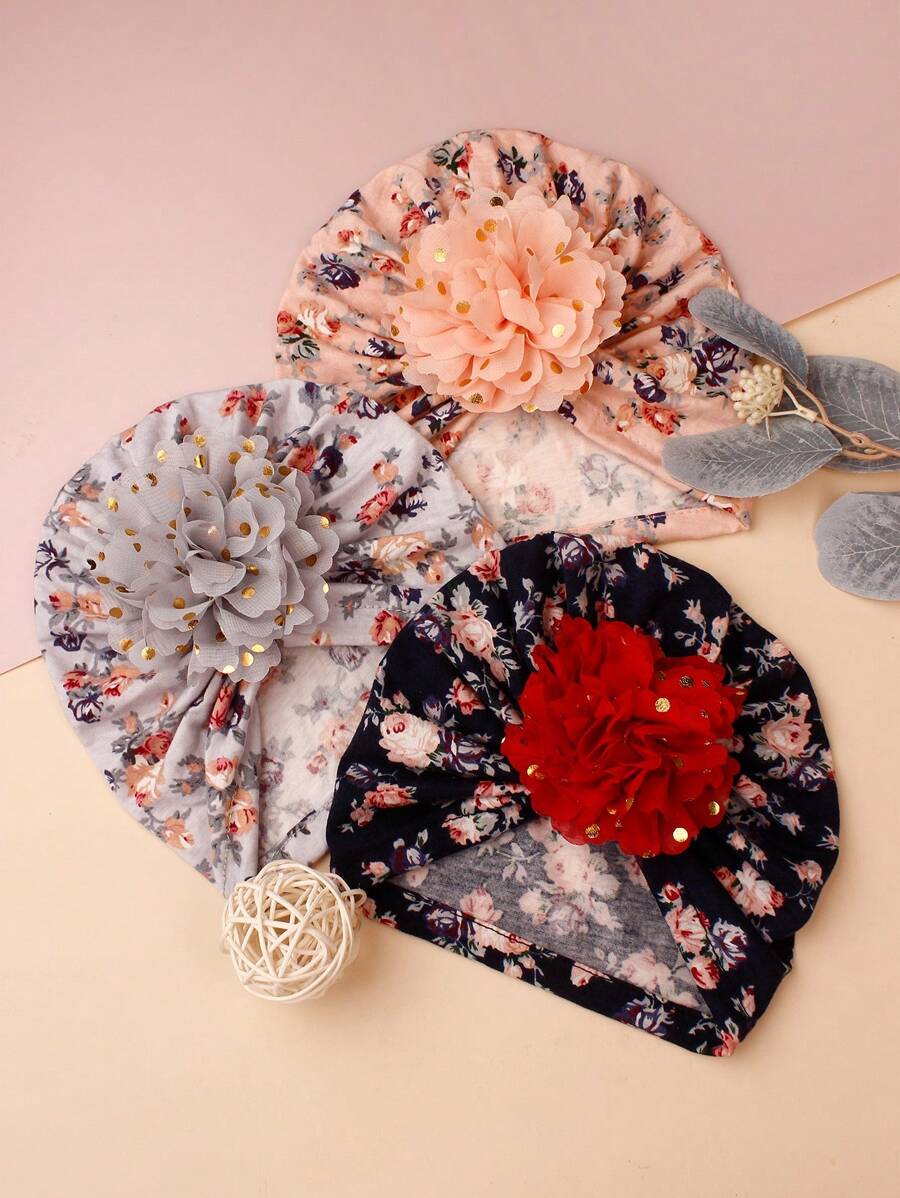 3pcs Printed Chiffon Flower Baby Hat Set, Suitable For 0-2 Years Old Babies - Multicolor - View 1