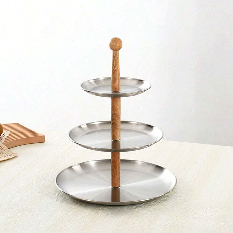 Stainless Steel Multi-Layer Cake Dessert Rack Fruit Tray Dessert Display Rack Desktop Shelf Snack Rack Double Tray - Silver (wooden Column) - View 1