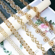 1码金色仿珍珠串珠刺绣蕾丝花边，适用于婚纱装饰、帽子、包包、裙子、DIY配饰 - 彩色 - 查看 4