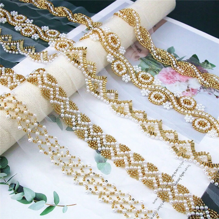 1码金色仿珍珠串珠刺绣蕾丝花边，适用于婚纱装饰、帽子、包包、裙子、DIY配饰