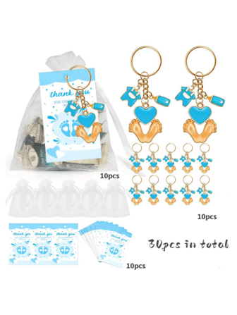 مجموعة هدية مفتاح على شكل ملاك المحافظ المطلي باللؤلؤ 30 قطعة (10 مفتاح + 10 أكياس هدايا + 10 بطاقات)، باللون الوردي / الأبيض / الأزرق، وردي فيل بصمات القدم أو الزجاجة، مثالية كهدية للمناسبات المختلفة مثل حفلات استقبال الأطفال والتعميد، وغيرها، في حقيبة OPP.