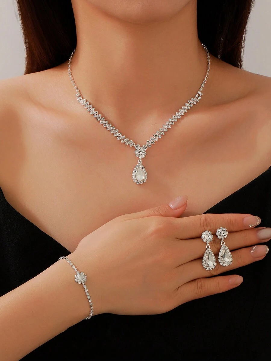Set de 4 piezas con estilo europeo y americano que incluye collar, pulsera, aretes, cadena de garra y conjunto de diamantes de imitación en forma de gota de agua, adecuado para bodas, fiestas, cenas y reuniones - Plateado - Ver 1