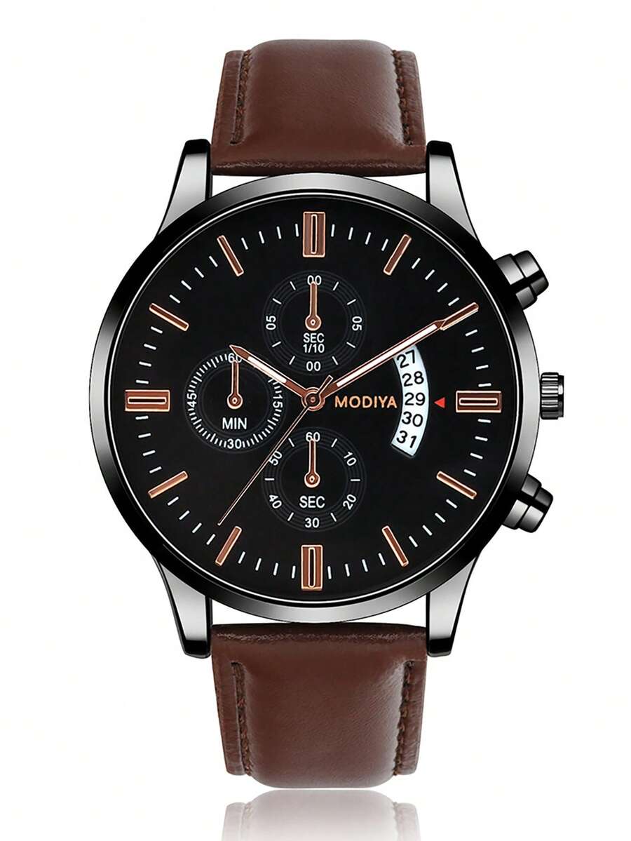 1 件 MODIYA 3 眼 6 针休闲皮革表带石英手表男士带日期日历 - 彩色 - 查看 1