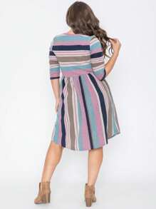 Boho Retro Vintage Mint Olive Coral Purple Pink  Navy Mint Multi Stripe  Knit Swing Dress | Small -3XL Plus - Hồng - Xem 4
