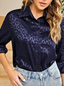 Leopard Stain Button Down Shirts For Women Roll Up Long Sleeve V Neck Casual Work Shirts