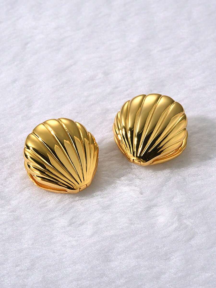 2pcs Romantic French Style Alloy Seashell Shaped 3d & Double-Sided Texture Ear Studs/Hoops/Decorations, Suitable For Ladies' Daily Wear - Shell Earrings - View 1