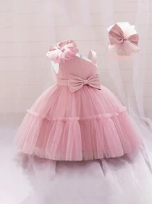 女婴3D蝴蝶结薄纱花童礼服，适合婚礼、生日、派对等场合，附赠头饰 - 藕粉色 - 查看 4