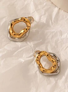 2pcs Fashionable Asymmetrical Double-Layered Hoop Earrings With Simple Gold & Silver Geometric Lines