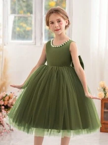 Young Girls' Pearl Decor Bow Back Deep-V Valentine's Day Party Dress Princess Gown, Suitable For Girls' Birthday Party, Valentine's Day Gift, Masquerade Ball, Party, Holiday Celebration, Wedding Flower Girl, Stage Performance Graduation Thanksgiving Dress - xanh quân đội - Xem 2