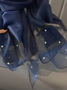 女款純色海軍藍珍珠圍巾 優雅星空閃亮頭巾 旅行防曬裝飾多用途長披肩 - 藏蓝色 - 查看 2