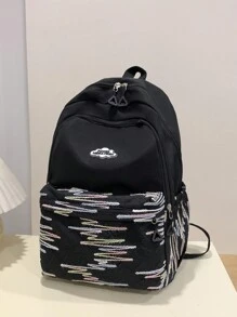 拼布刺繡線球學院風學生書包 - 黑色 - 查看 2